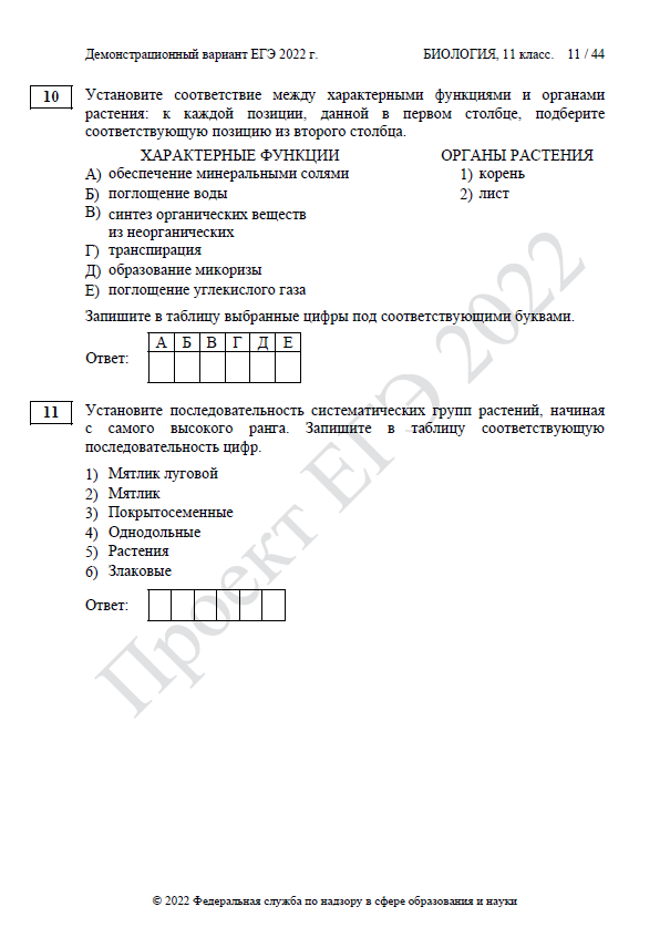 Демоверсия ЕГЭ по биологии 2022